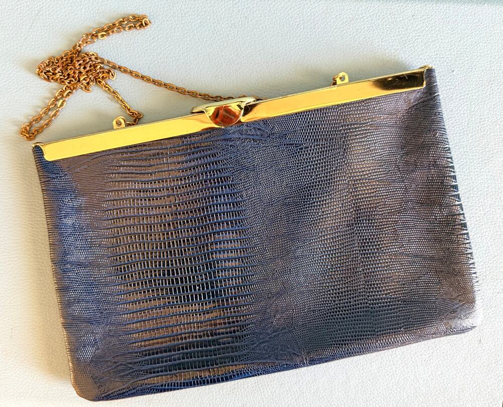 Vintage 1960s Etra Navy Lizard Embossed Leather Clutch, Convertible Gold Chain